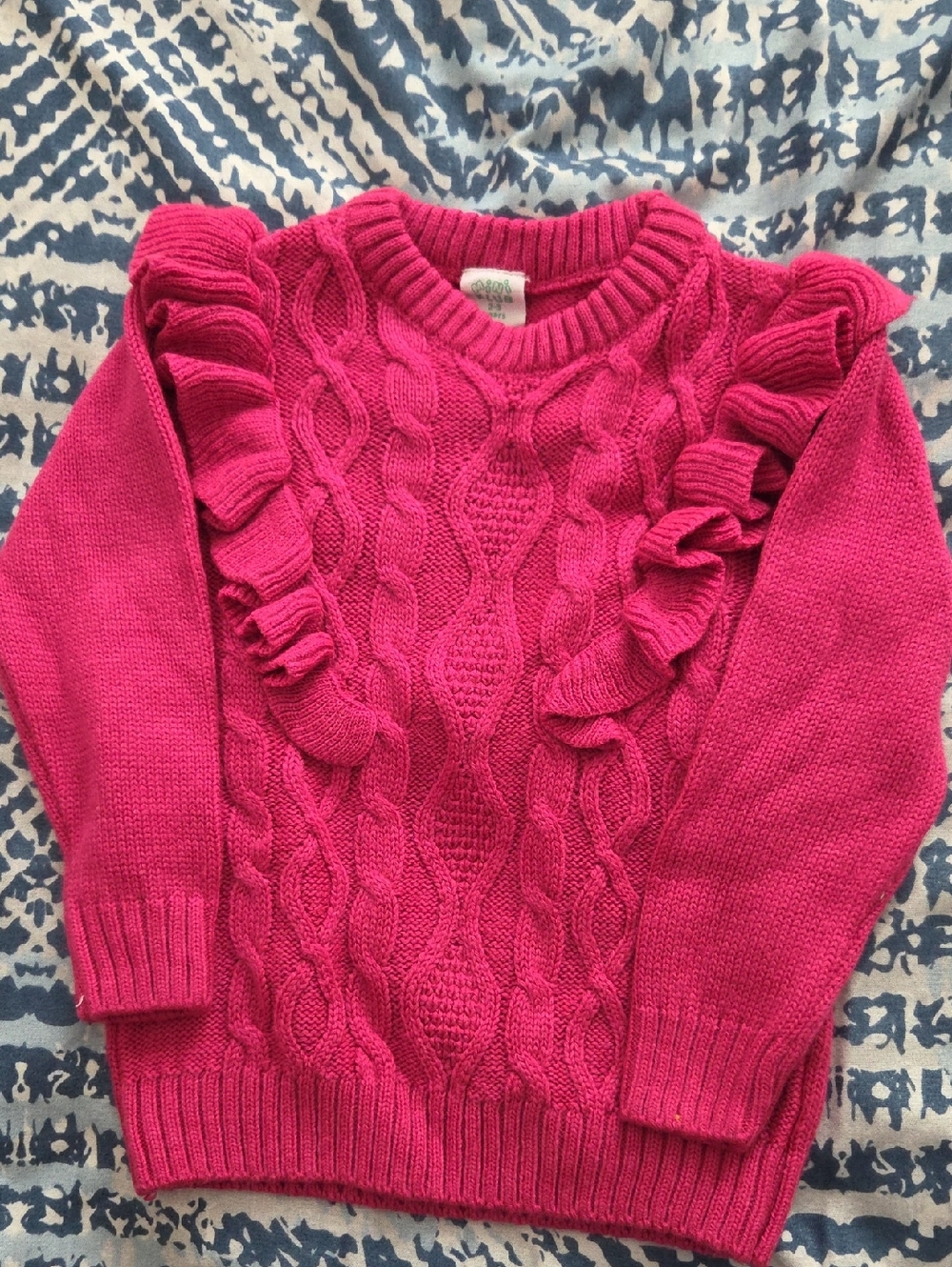 Girls Fuchsia Cable Knit Ruffle Sweater